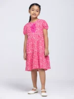 White/Pink Printed and Embroidered Linen Frock