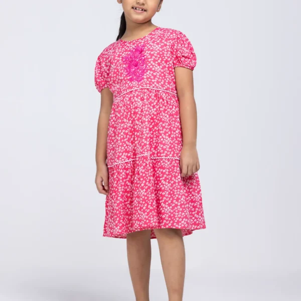 White/Pink Printed and Embroidered Linen Frock