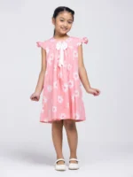 White/Pink Printed and Embroidered Linen Frock - Image 3