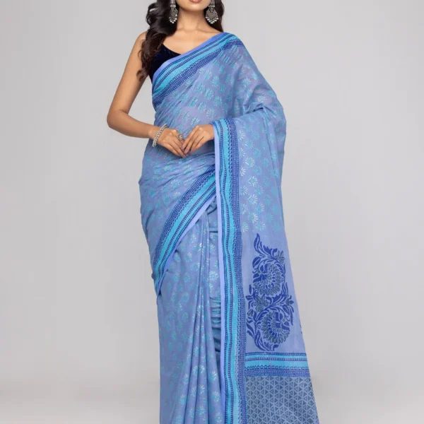 Cornflower Blue Printed Cotton Saree