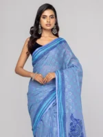 Cornflower Blue Printed Cotton Saree - Image 2