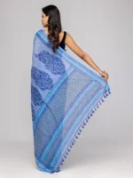 Cornflower Blue Printed Cotton Saree - Image 3