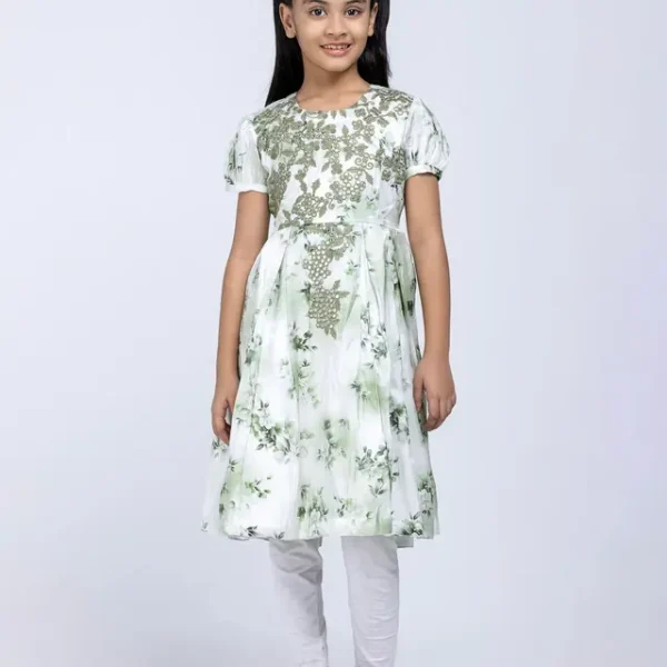 White/Green Printed and Embroidered Mixed Cotton Partywear Frock