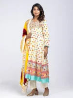 Buttermilk Yellow Printed and Embroidered Kantha Theme Shalwar Kameez