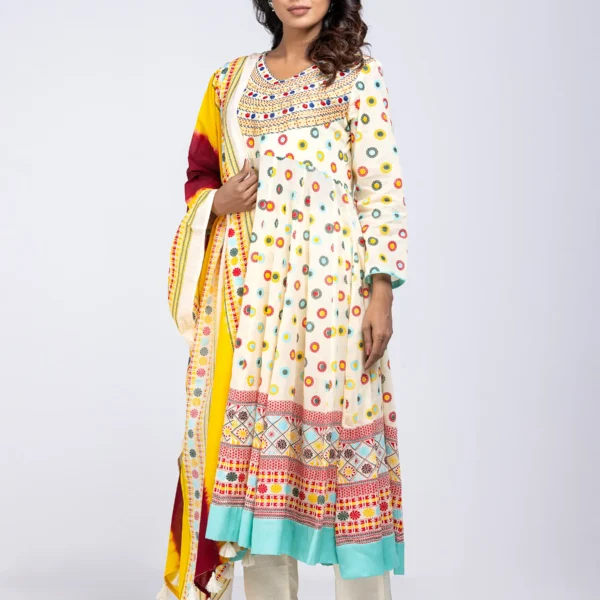 Buttermilk Yellow Printed and Embroidered Kantha Theme Shalwar Kameez