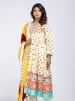 Buttermilk Yellow Printed and Embroidered Kantha Theme Shalwar Kameez - Image 2
